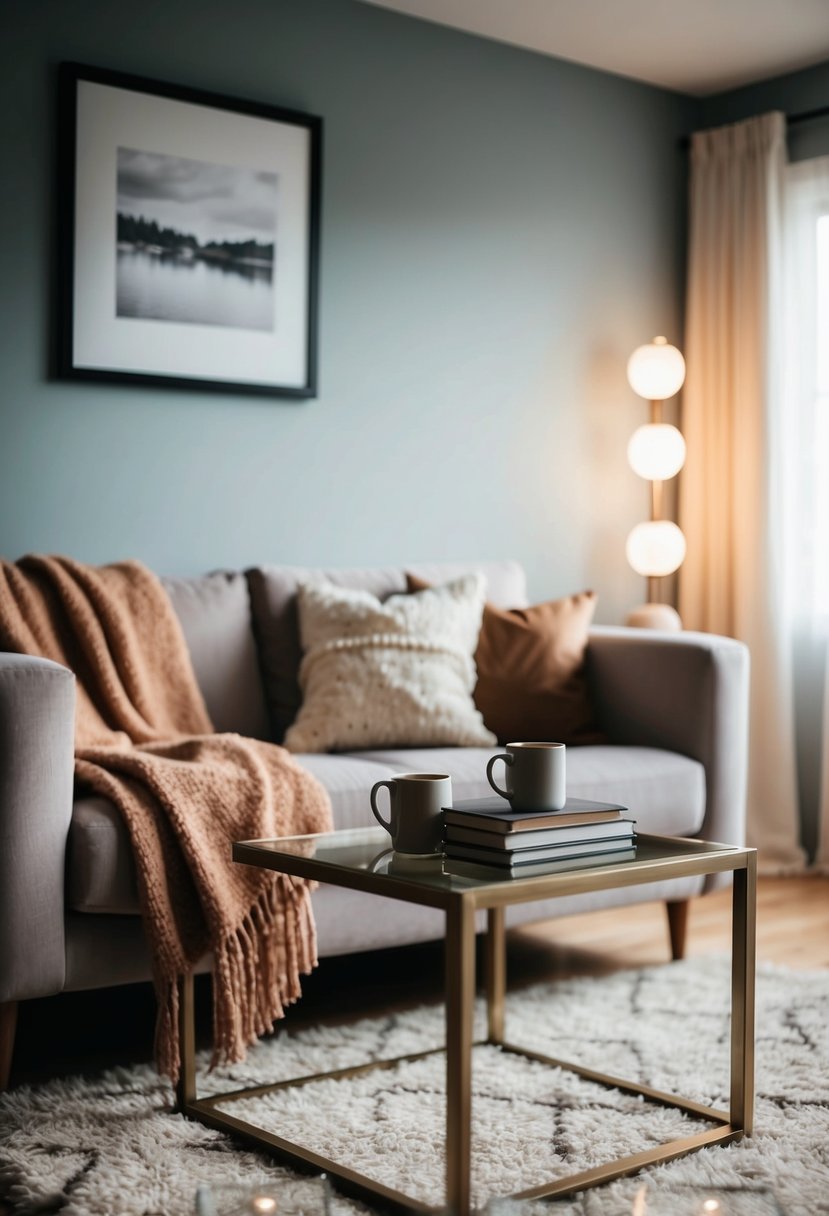 A cozy living room with soft lighting, a plush couch, and a warm throw blanket. A coffee table holds books and mugs