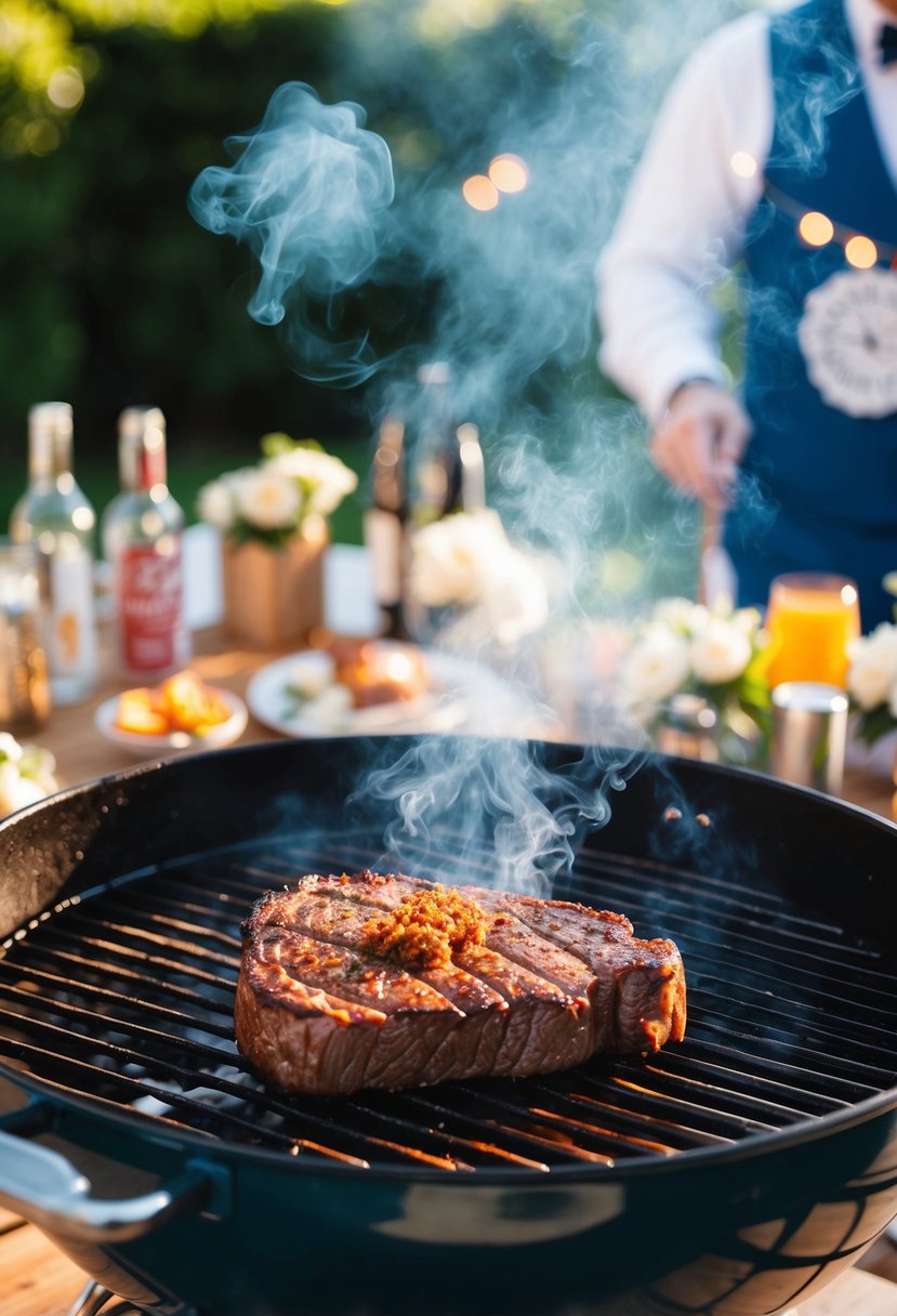 A sizzling beef steak with a signature spice rub cooks on a hot grill, smoke rising in the air. Surrounding the grill are various bbq wedding decorations and a festive atmosphere