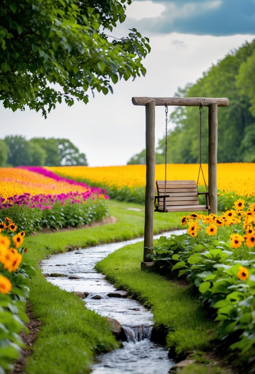 A colorful flower field with a winding path, a rustic wooden swing, and a flowing stream, all surrounded by lush greenery