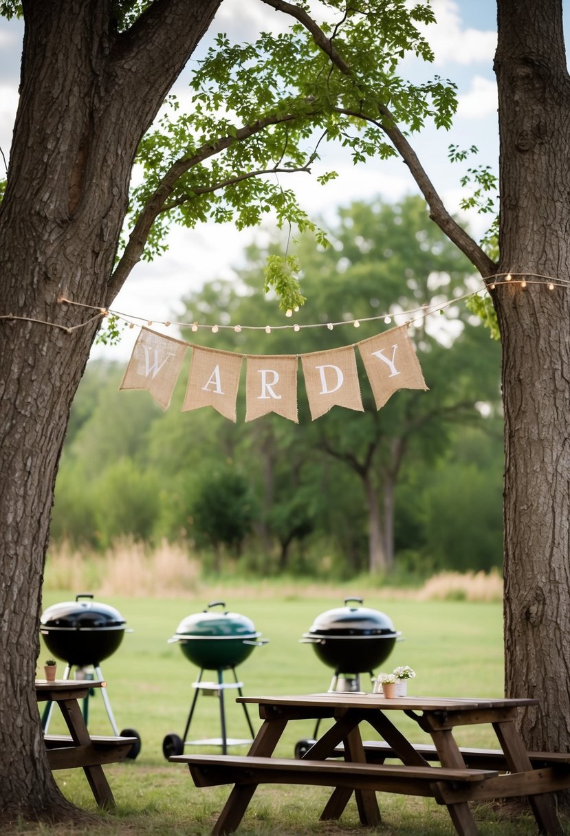 A rustic outdoor wedding scene with a burlap banner hanging between two trees, surrounded by BBQ grills and picnic tables