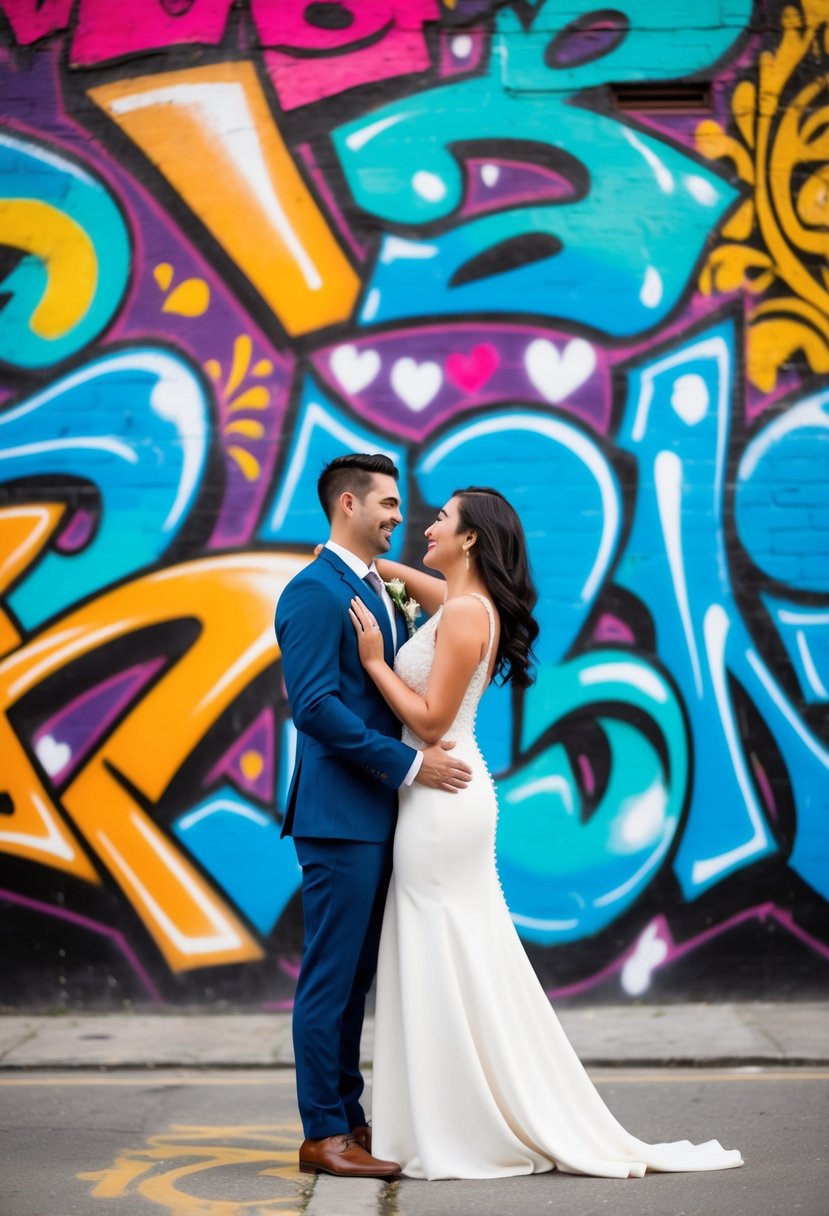 A couple poses in front of vibrant graffiti on a city wall. Bright colors and intricate designs create a dynamic backdrop for their pre-wedding photoshoot