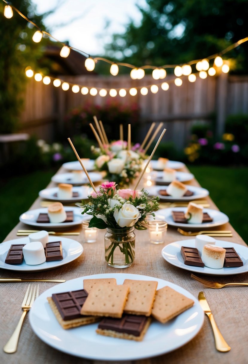 A table set with graham crackers, chocolate bars, marshmallows, and skewers, surrounded by fairy lights and flowers at a backyard wedding