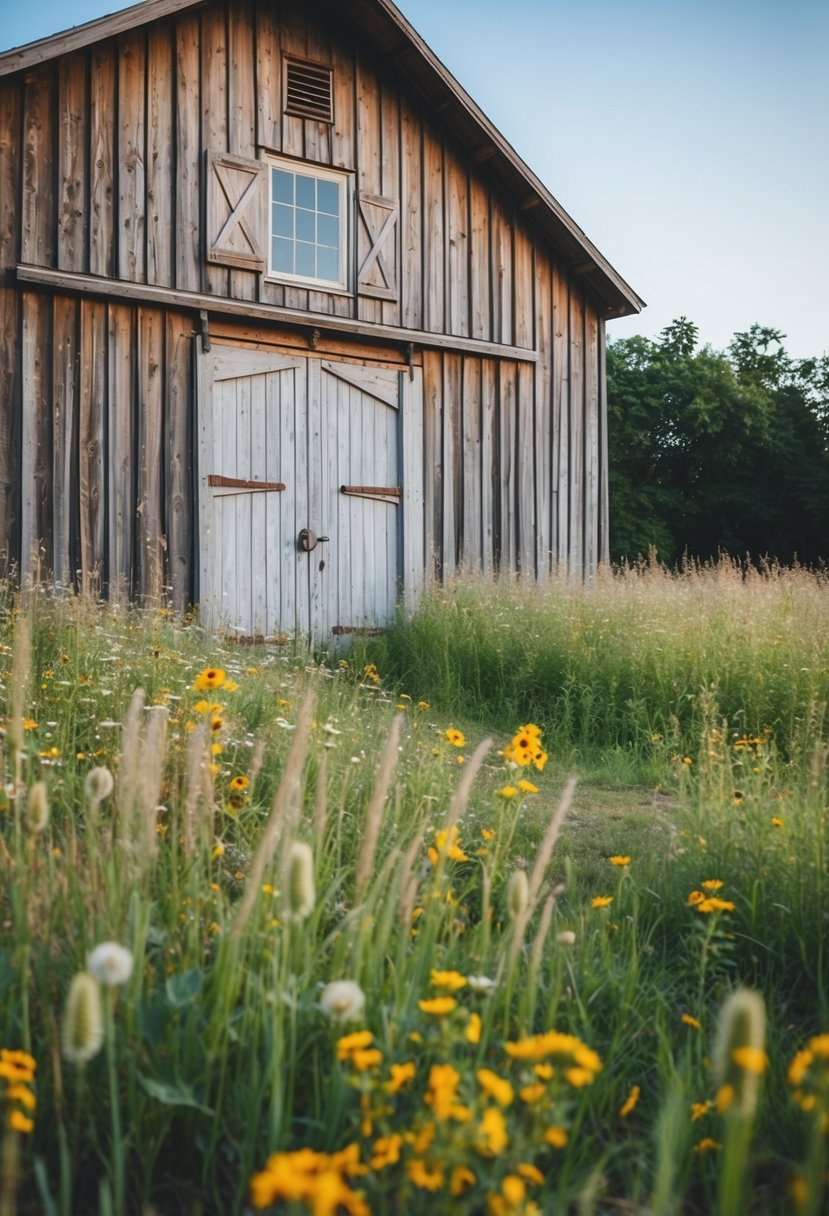 A quaint rustic barn with weathered wood and a charming vintage door, surrounded by wildflowers and tall grass