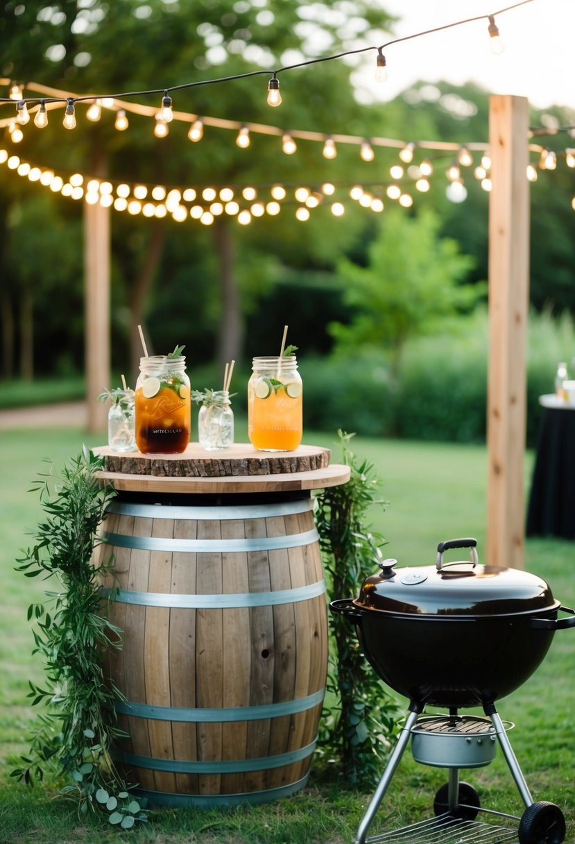 A rustic outdoor wedding reception with a mason jar cocktail bar and a bbq grill surrounded by string lights and greenery