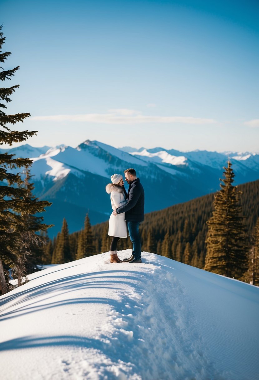 A couple stands on a snowy mountain peak, surrounded by pine trees and a clear blue sky