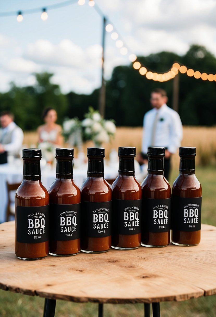 A rustic outdoor wedding reception with personalized BBQ sauce bottles arranged on a table as wedding favors