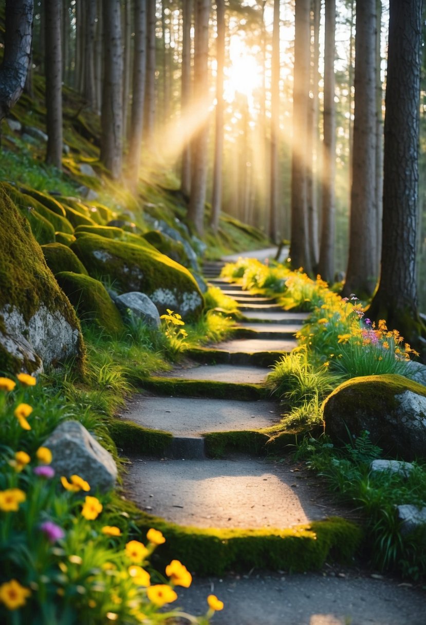 A winding forest path with sunlight streaming through the trees, moss-covered rocks, and colorful wildflowers lining the edges