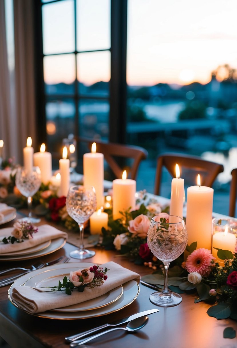 A romantic dinner set up with candles, flowers, and elegant tableware