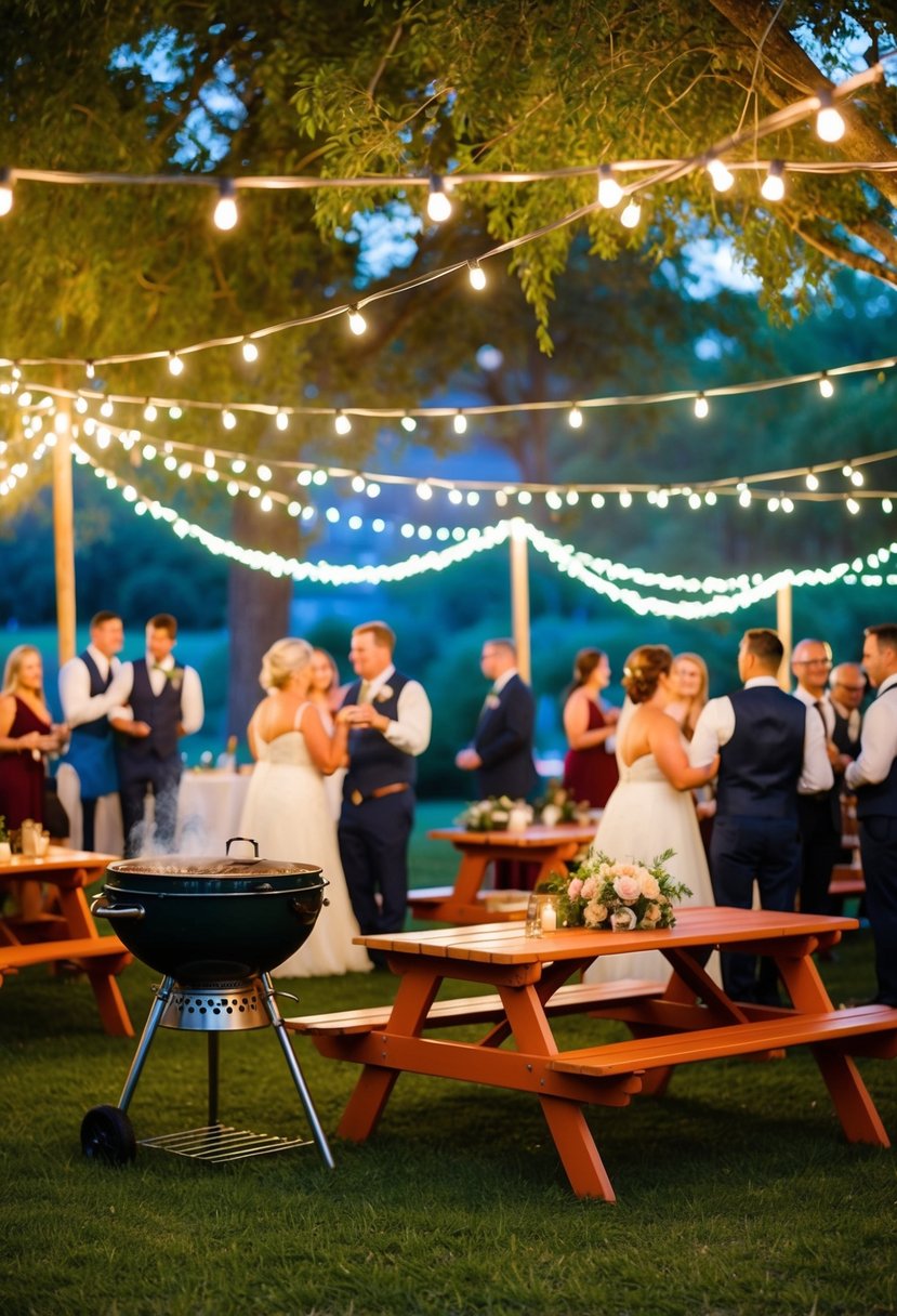 A colorful outdoor wedding reception with a barbecue grill, picnic tables, string lights, and guests mingling and enjoying the festive atmosphere