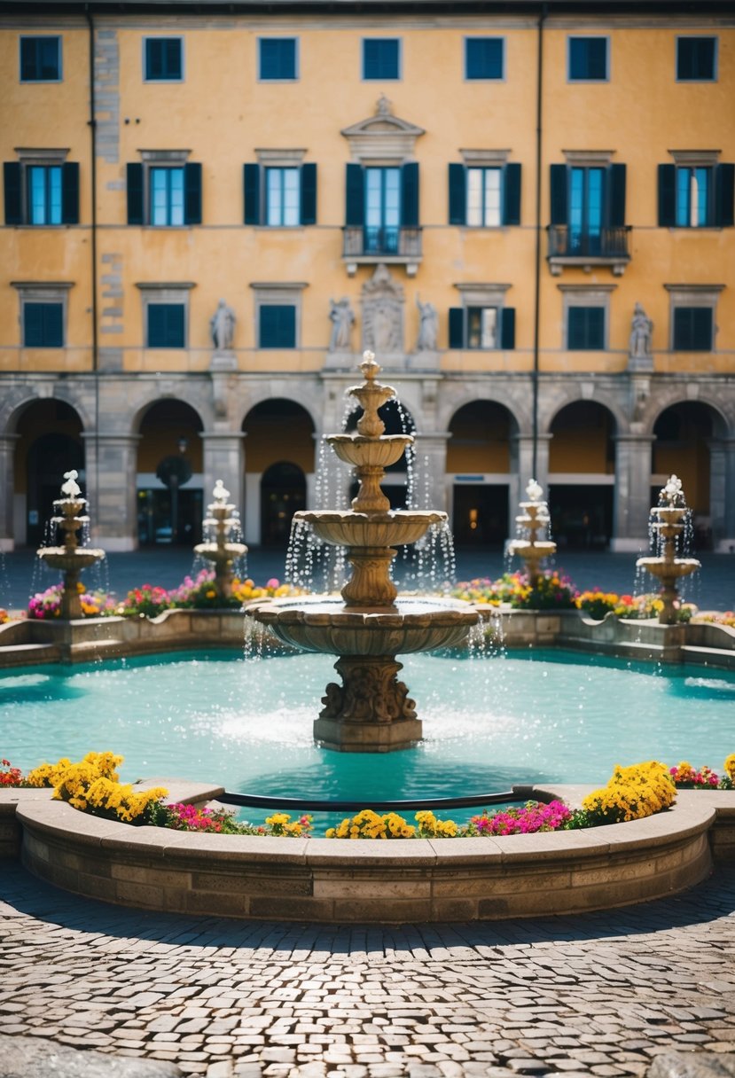 The sunlit historic piazza with cobblestone paths, ornate fountains, and colorful flowers, creating a romantic backdrop for a pre-wedding photoshoot