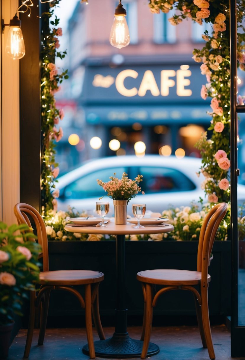 A cozy cafe with twinkling lights and a small table set for two, surrounded by blooming flowers and a serene atmosphere