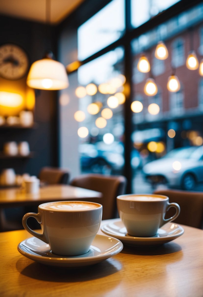 A cozy coffee shop with two cups on a table, soft lighting, and a romantic atmosphere