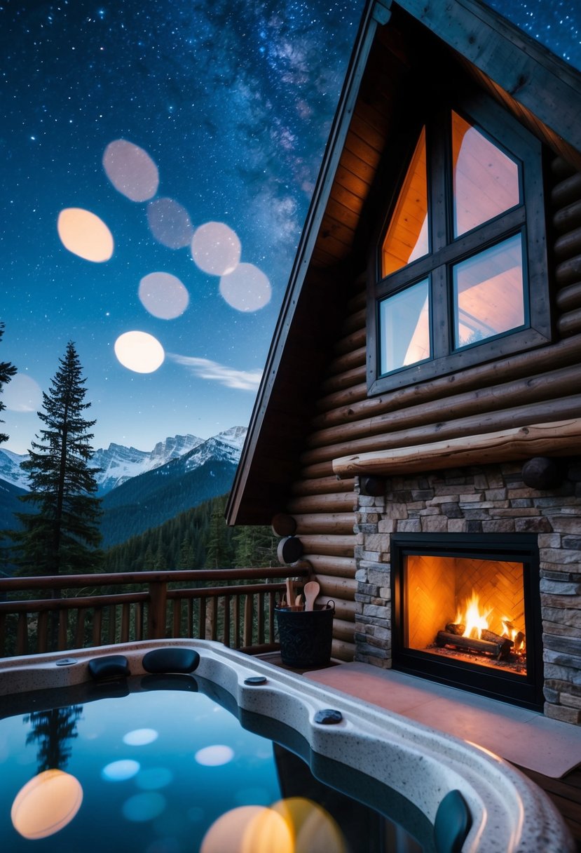 A cozy cabin nestled in the mountains, with a crackling fireplace and a hot tub under the stars