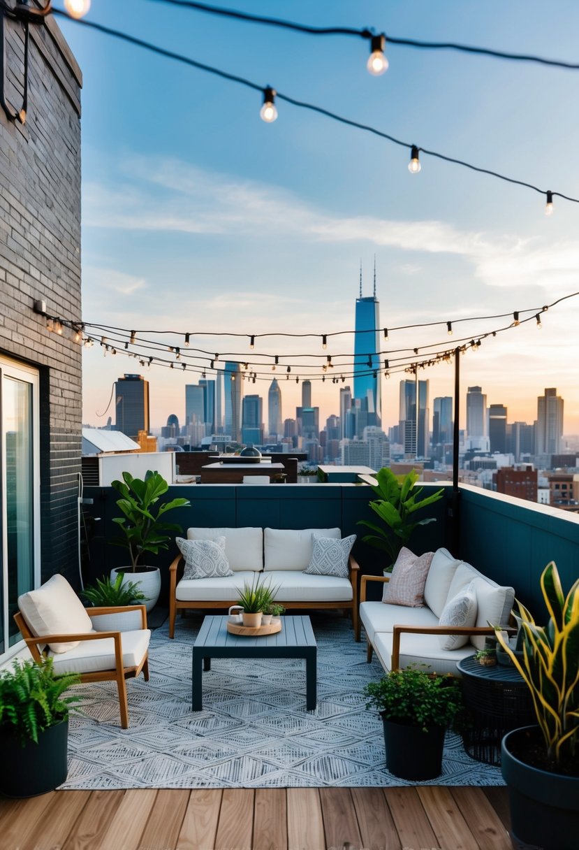 A stylish rooftop setup with modern furniture, twinkling string lights, and lush potted plants against a city skyline backdrop