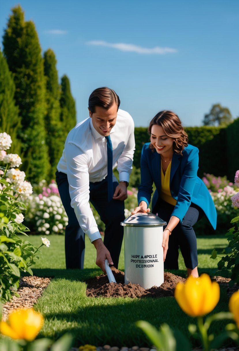 A couple burying a time capsule in a lush garden, surrounded by blooming flowers and a clear blue sky