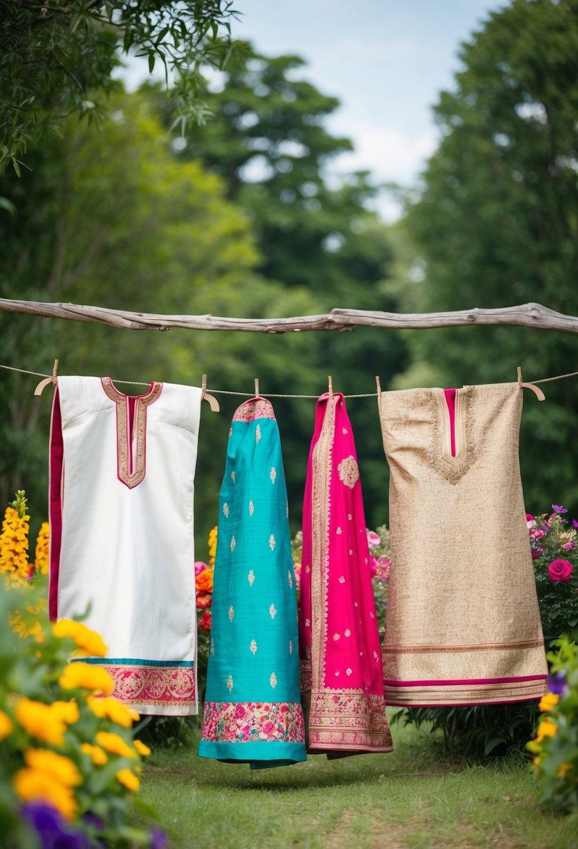 A couple's traditional cultural attire hangs on a rustic wooden clothesline, surrounded by colorful flowers and greenery