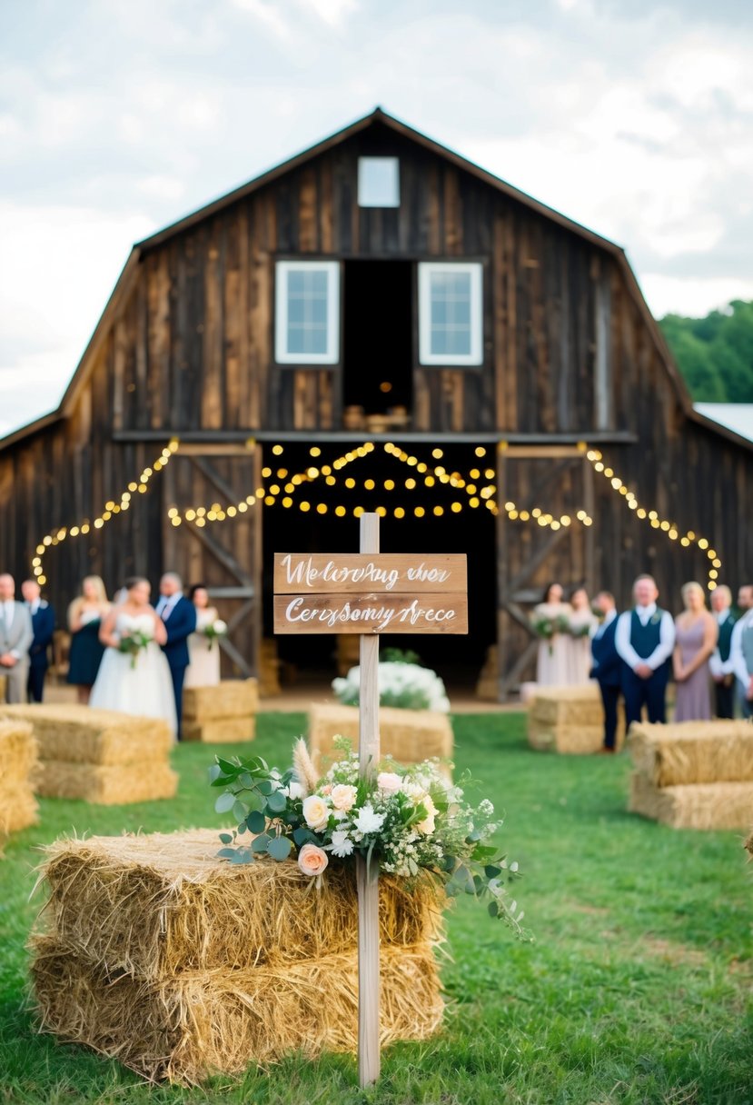 A rustic barn adorned with fairy lights, hay bales, and wildflowers. A wooden sign directs guests to the ceremony area