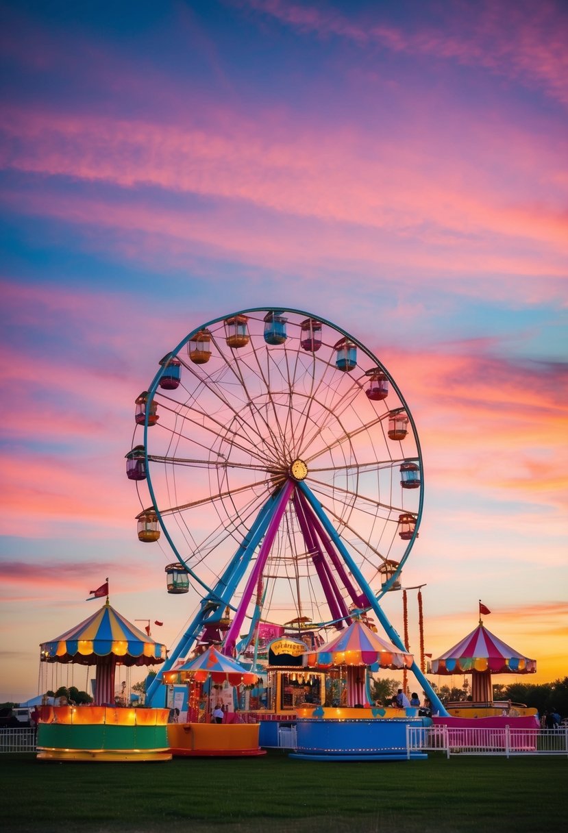 Colorful carnival rides spin and twirl against a vibrant sunset sky, creating a lively and playful atmosphere for a pre-wedding photoshoot