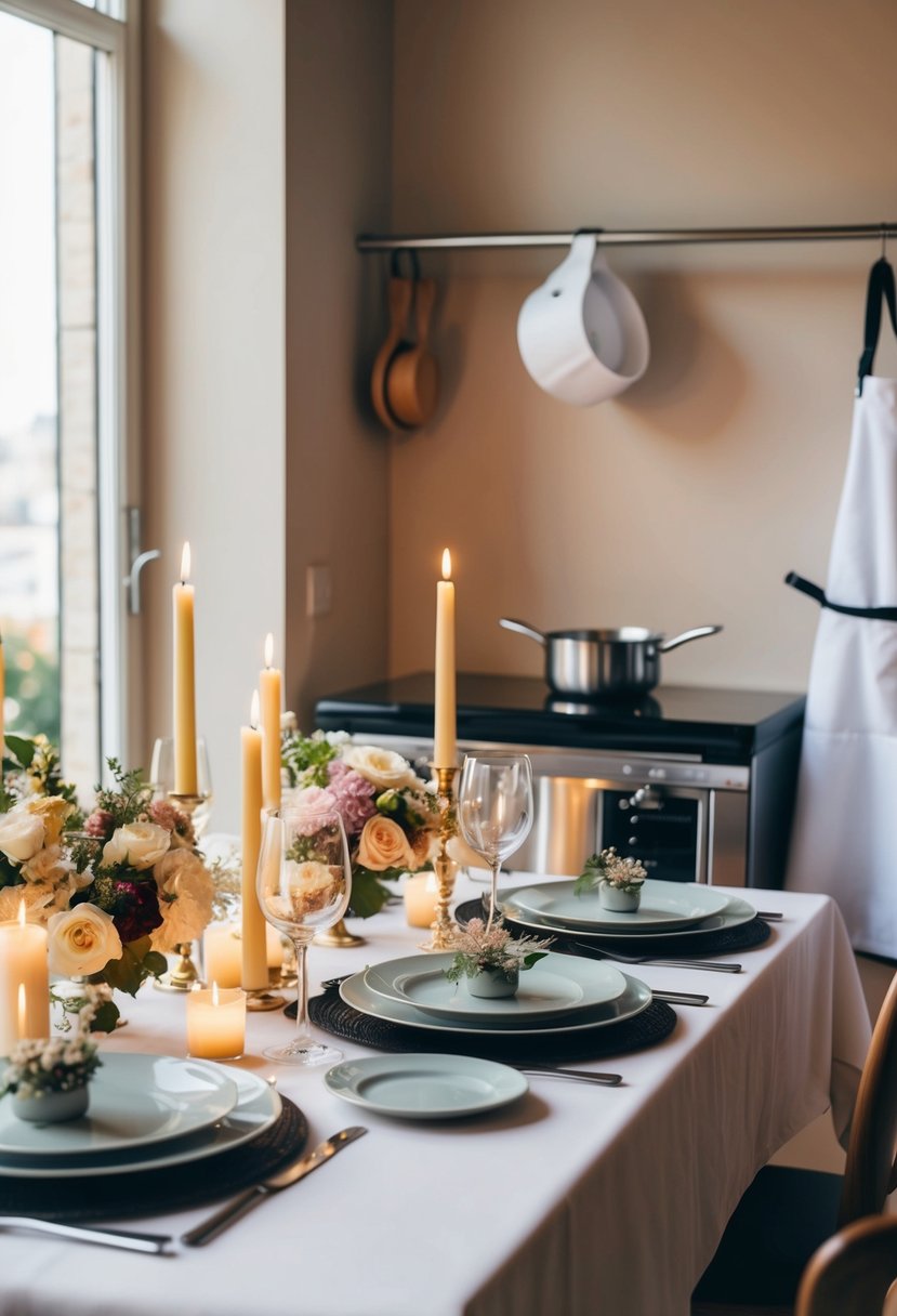 A beautifully set dining table with candles, flowers, and elegant dinnerware. A chef's hat and apron hang nearby, with a pot simmering on the stove