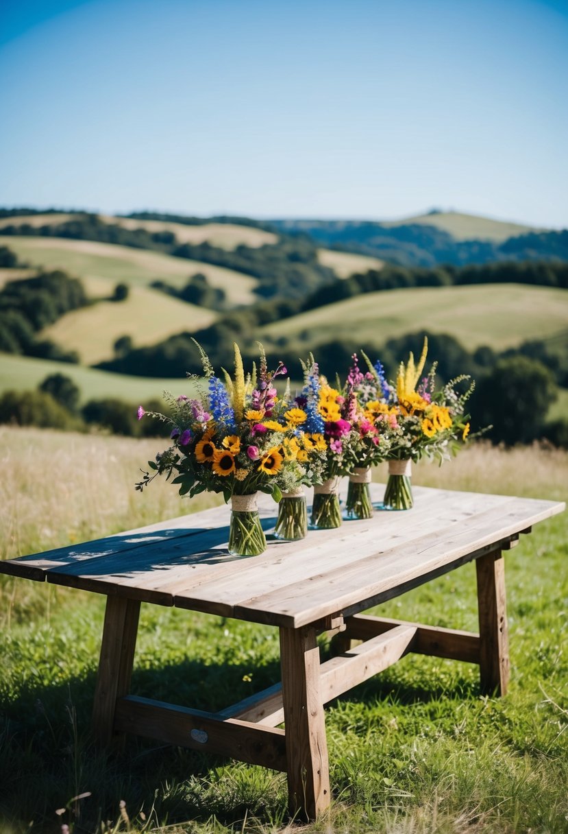 A rustic wooden table adorned with colorful wildflower bouquets, set against a backdrop of rolling hills and a clear blue sky