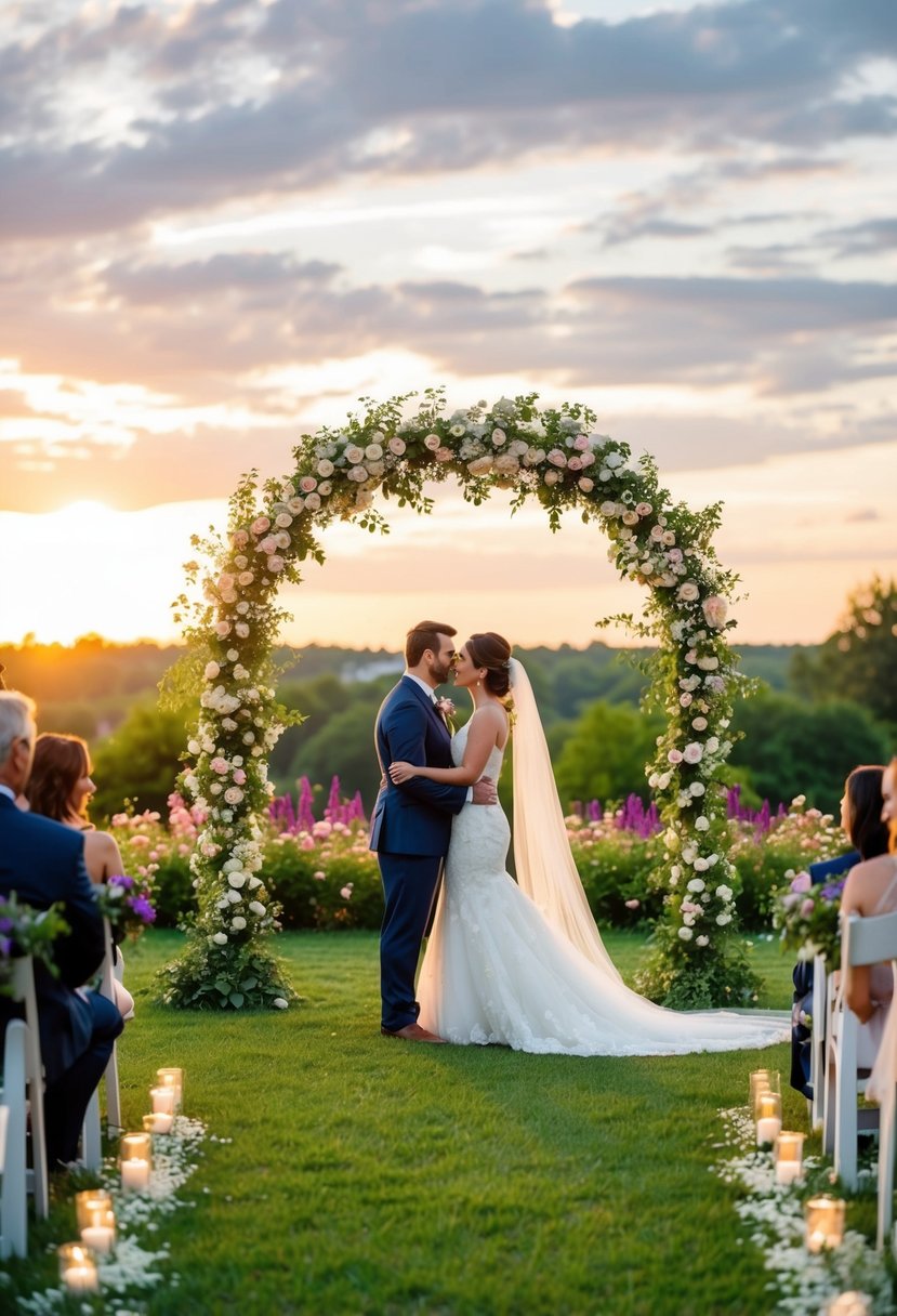 A romantic outdoor garden wedding with a decorated arch, blooming flowers, and a beautiful sunset backdrop