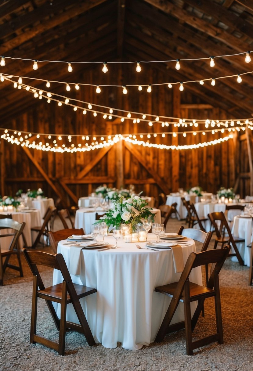 A rustic barn venue adorned with string lights and floral decor for a country wedding setting