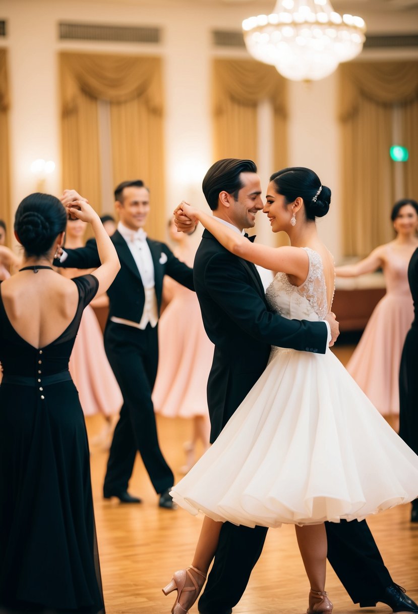 A couple gracefully waltzing in a ballroom, surrounded by other dancers and an elegant instructor