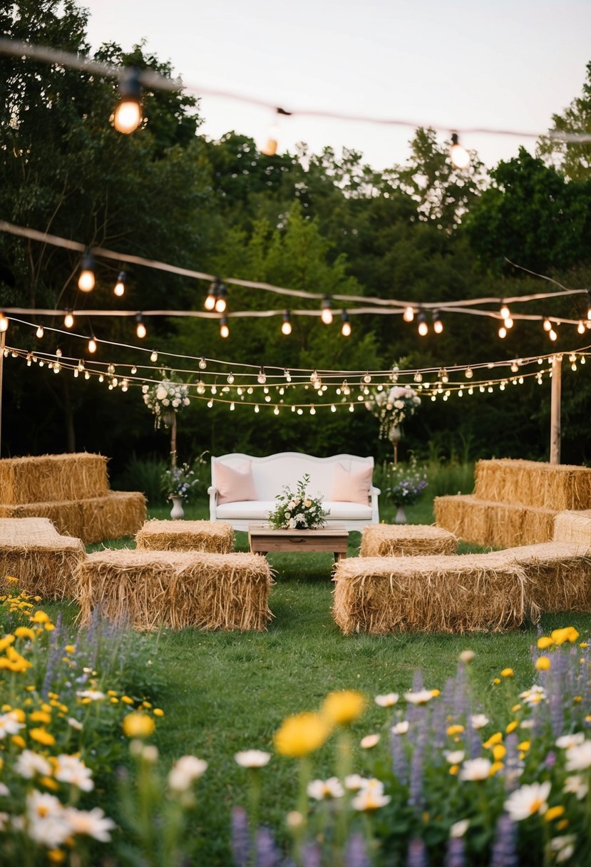 A rustic wedding scene with hay bale seating arranged in a charming outdoor setting, surrounded by blooming wildflowers and twinkling string lights