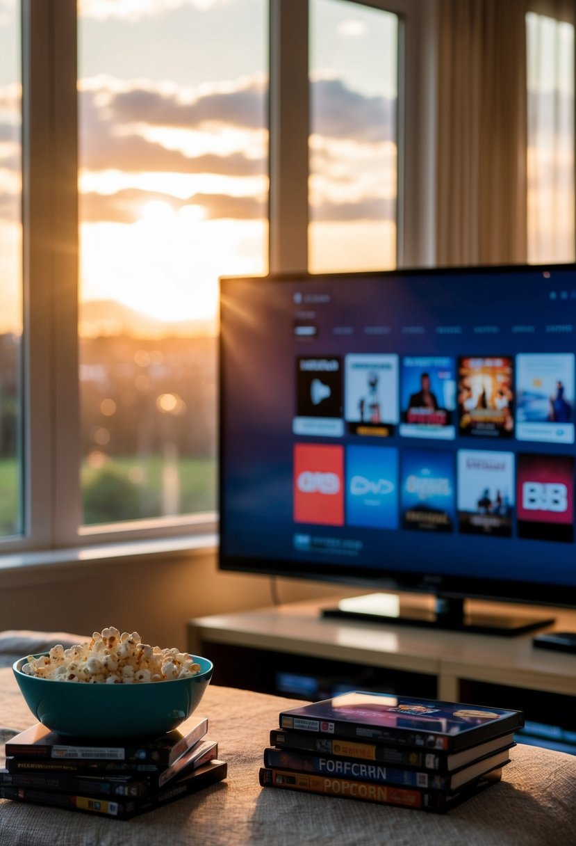 A cozy living room with a big screen TV, a pile of DVDs, and a bowl of popcorn. Outside, the sun sets, casting a warm glow through the window