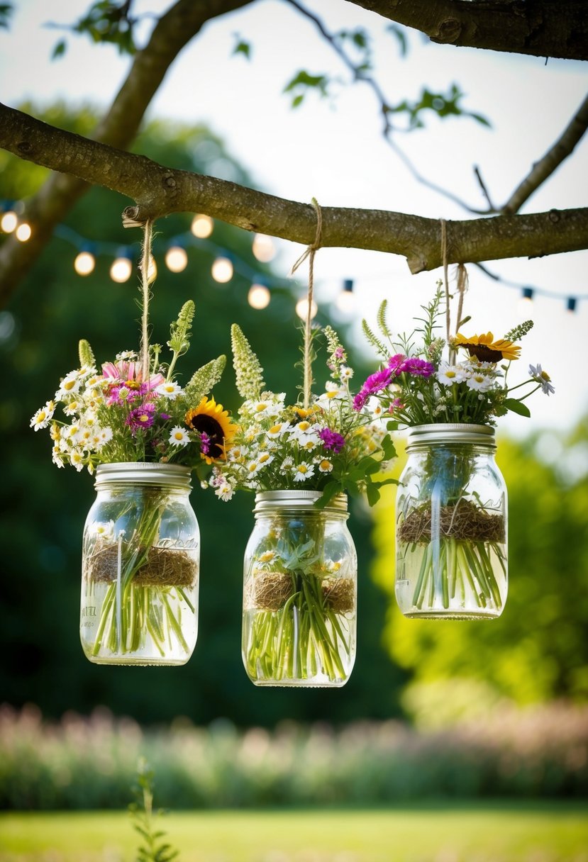 Mason jars filled with wildflowers hang from tree branches at a rustic country wedding. Fairy lights twinkle in the background