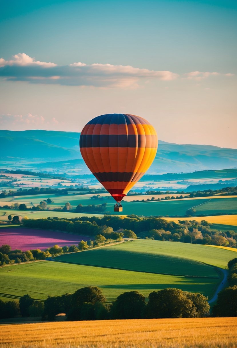 A hot air balloon floats peacefully over a picturesque landscape, with rolling hills, colorful fields, and a clear blue sky