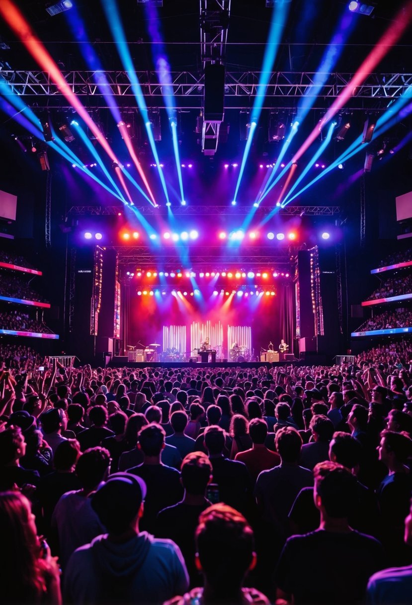 A crowded concert venue with colorful stage lights and a cheering audience