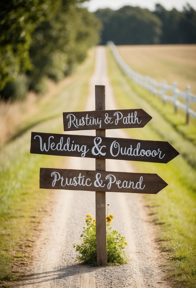 A quaint outdoor wedding scene with rustic wooden signs lining a country path