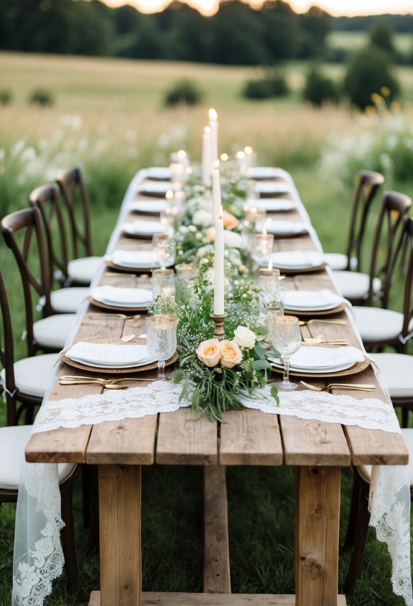 A rustic wooden table adorned with vintage lace tablecloths, set in a countryside wedding reception. Wildflowers and candles add to the romantic ambiance