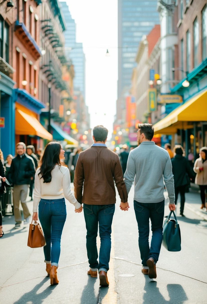 A couple walks through a bustling city street, surrounded by colorful buildings and lively activity. They hold hands, taking in the sights and sounds of their new surroundings