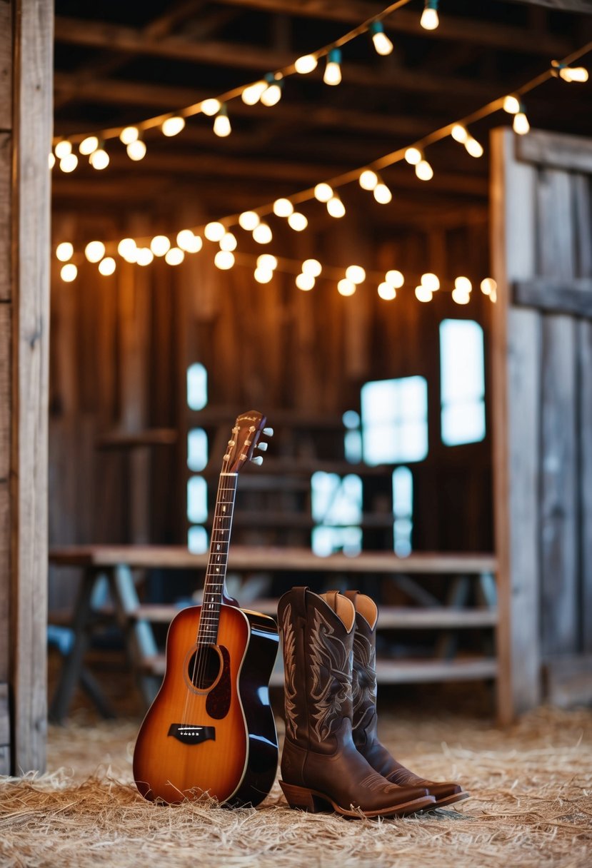 A rustic barn setting with string lights, cowboy boots, and a guitar