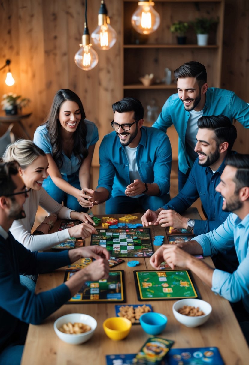 A group of friends gather around a table filled with board games and snacks, laughing and enjoying each other's company for a 15th wedding anniversary game night celebration