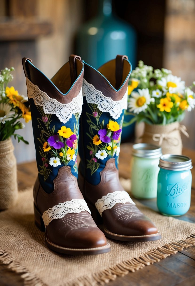 A pair of cowboy boots adorned with wildflowers and lace sit on a wooden table, surrounded by mason jars and burlap accents