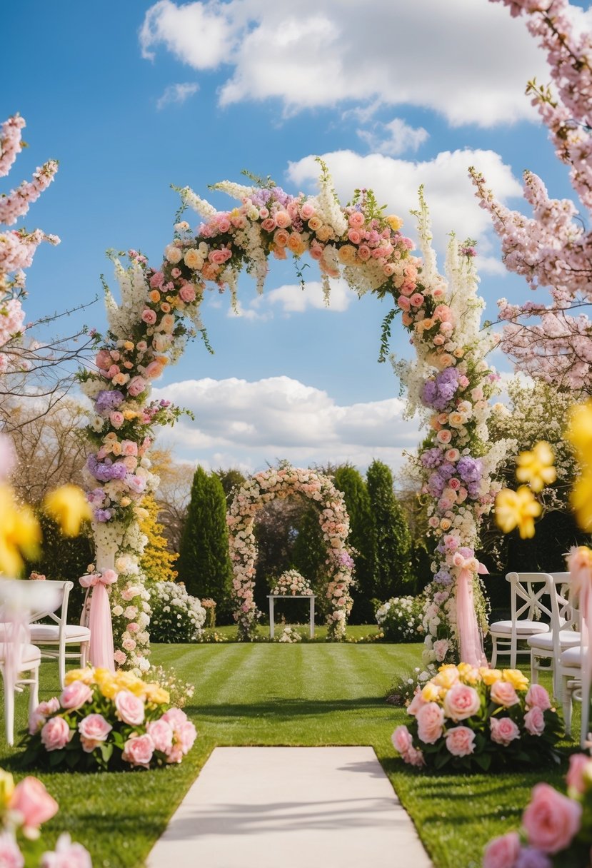 A blooming garden with a floral archway, pastel-colored decorations, and a sunny sky for a spring wedding