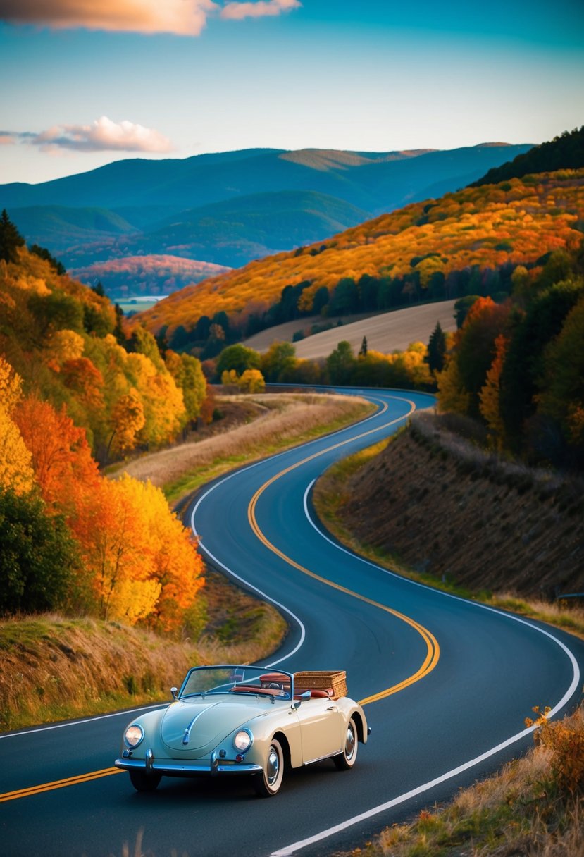 A winding road cuts through rolling hills, surrounded by vibrant autumn foliage and distant mountains. A vintage car cruises along, with a picnic basket in the backseat