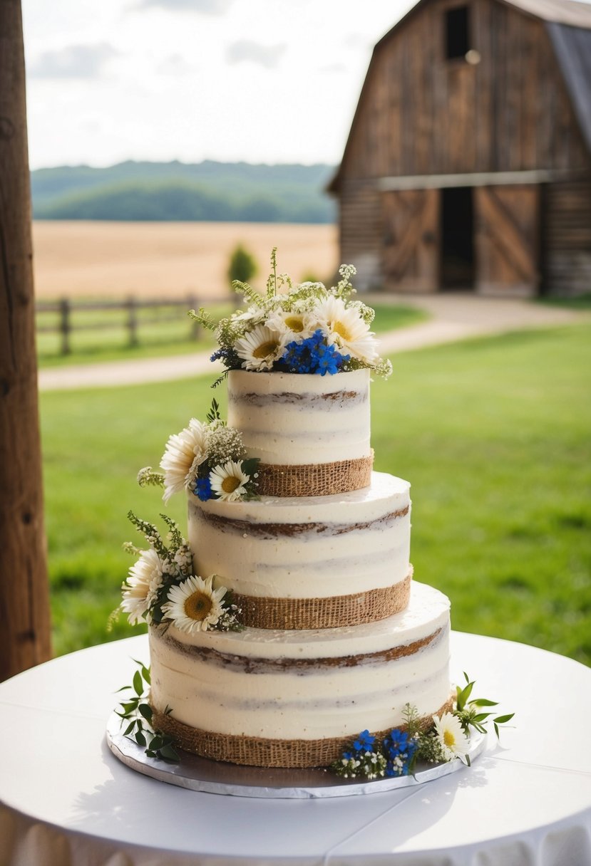 A three-tiered rustic wedding cake adorned with wildflowers and burlap ribbon, set against a backdrop of a wooden barn and rolling countryside