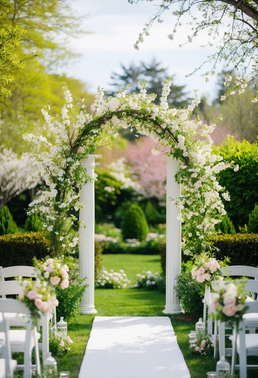 A lush garden filled with blooming flowers and greenery, with an elegant archway adorned with delicate spring blossoms, set up for a romantic wedding ceremony