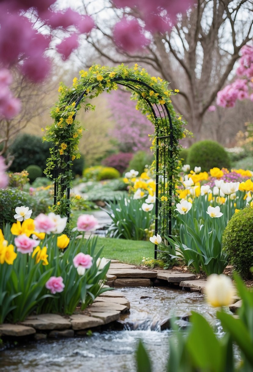 A garden scene with blooming flowers, a flowing stream, and a delicate archway adorned with spring foliage