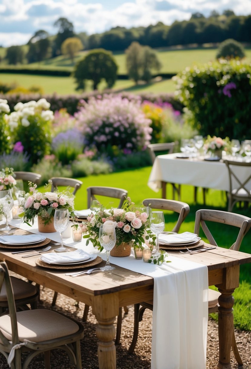 A rustic outdoor wedding with tables adorned with floral crowns, surrounded by blooming gardens and a picturesque countryside backdrop