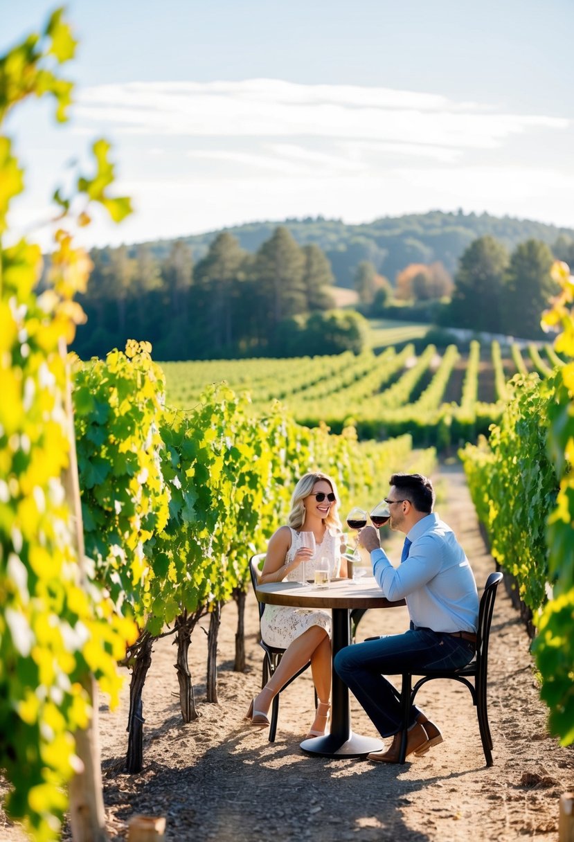 A sunny vineyard with rows of grapevines, a rustic tasting room, and a couple sipping wine at a table with scenic views