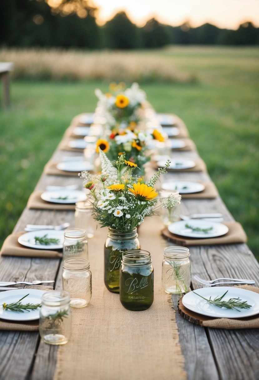 A rustic wooden table set with burlap runners, mason jar centerpieces, and wildflower bouquets for a country wedding