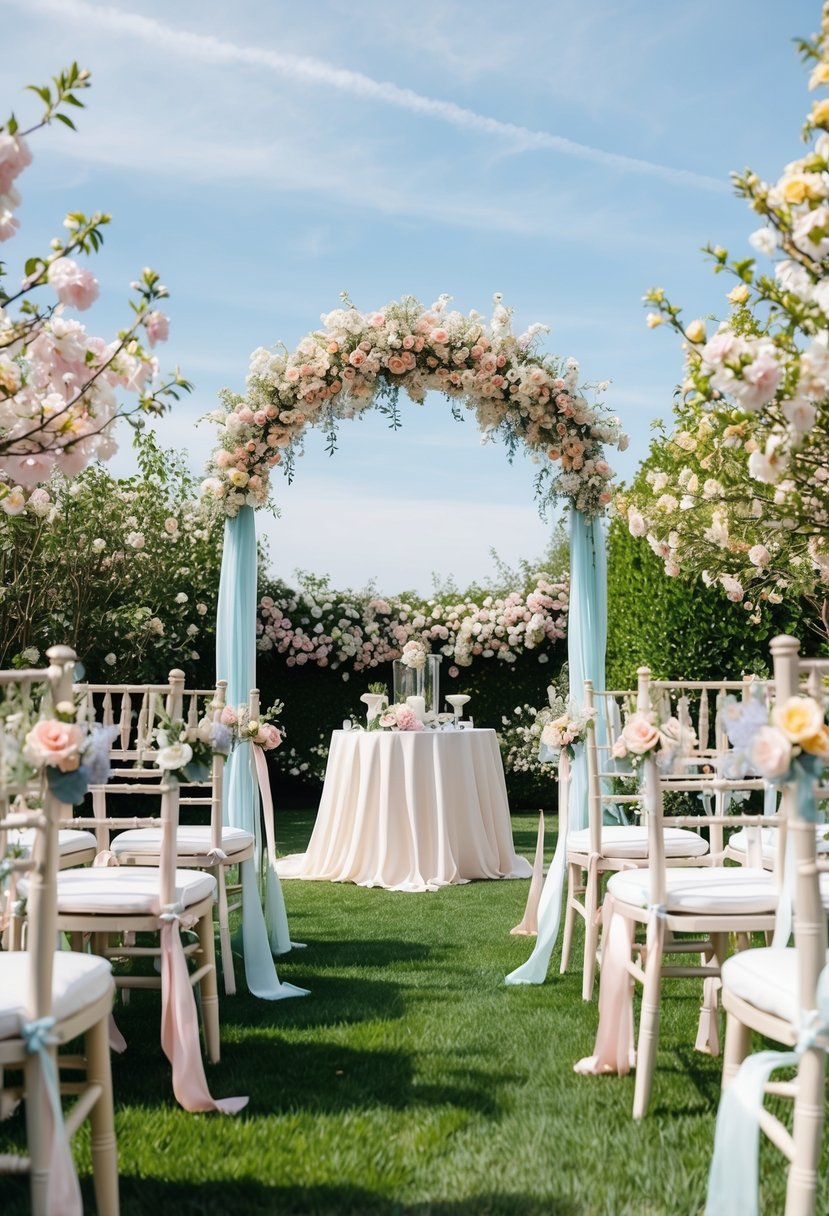 A garden filled with blooming pastel flowers, a soft blue sky, and a delicate outdoor wedding setup with pastel-colored decorations and ribbons