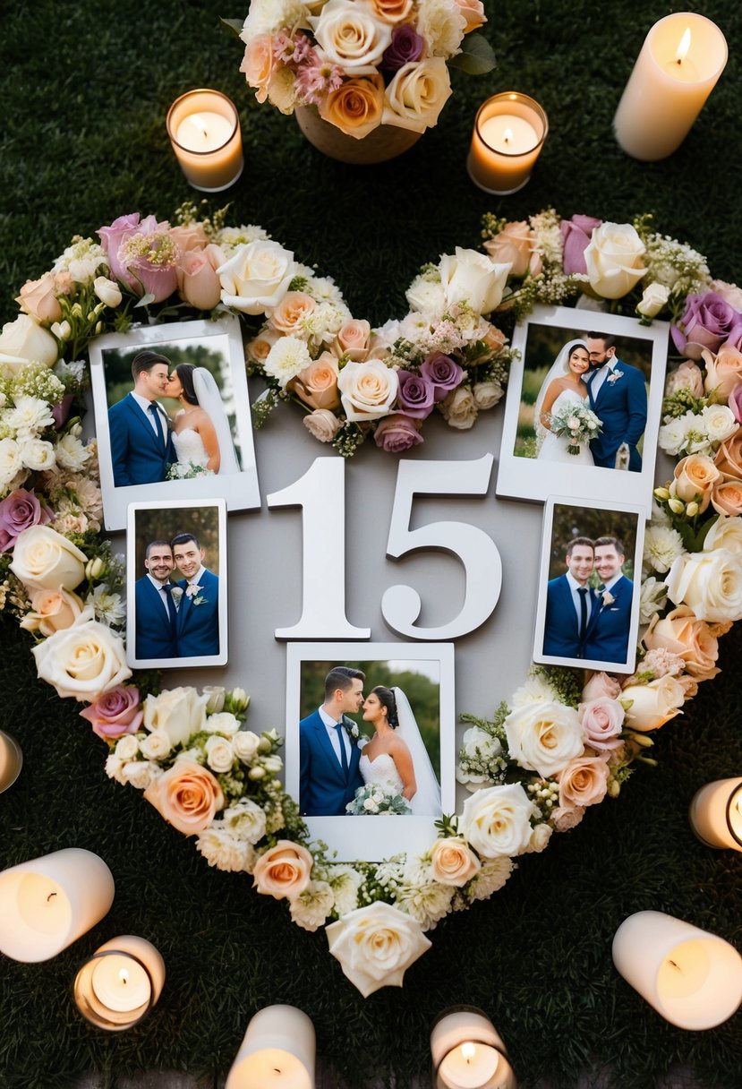 A couple's wedding photos arranged in a heart shape, surrounded by flowers and candles, with the number "15" displayed prominently