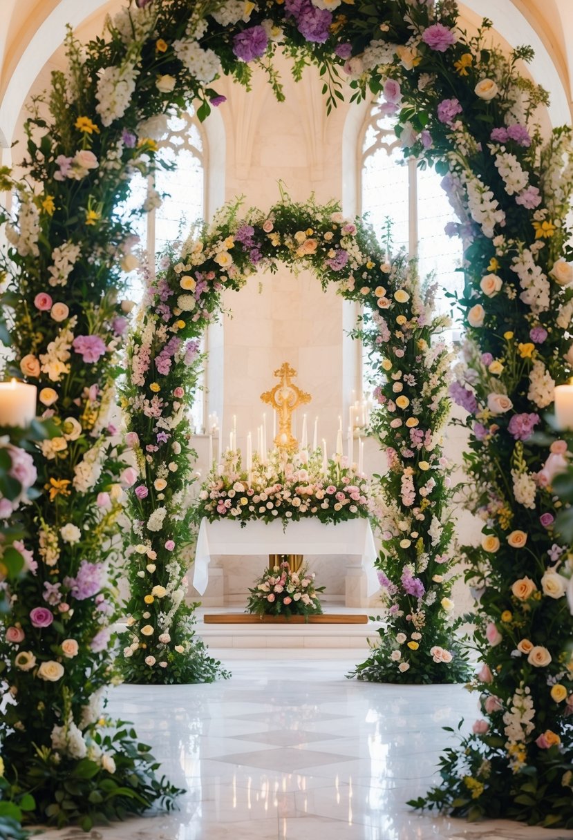 A picturesque scene of floral arches framing an altar, bursting with vibrant spring blooms