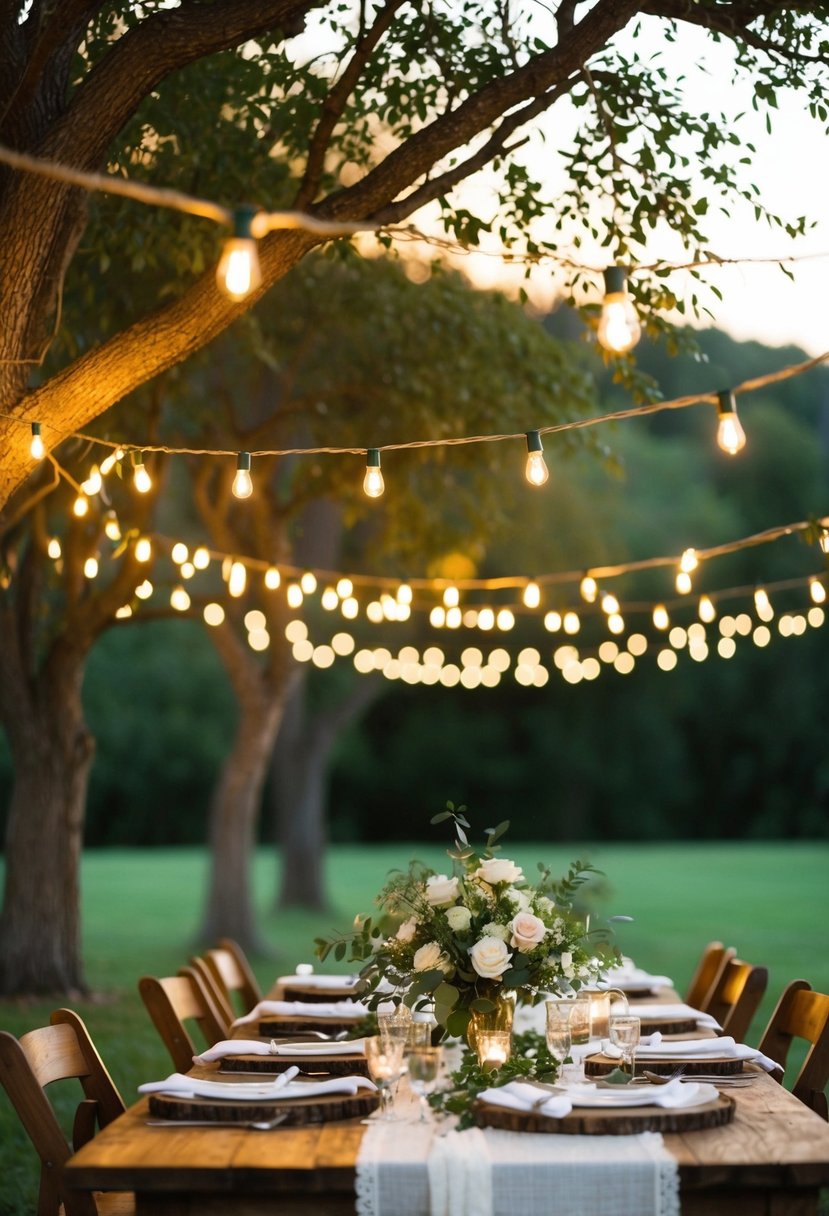 A rustic outdoor wedding with string lights hanging from tree branches, creating a warm and romantic ambiance